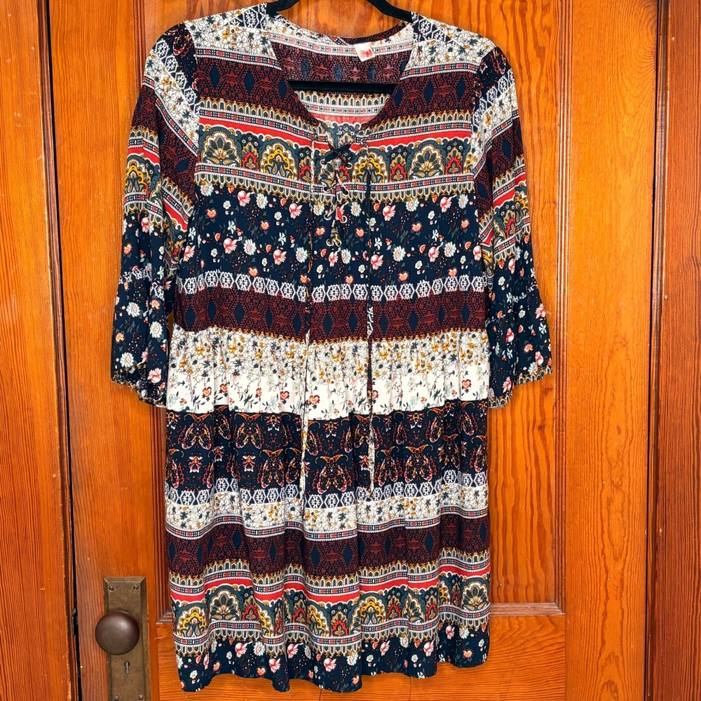 MOKIN Tunic Dress Womens XXL Multicolor Excellent Boho Floral Lace Up Mini